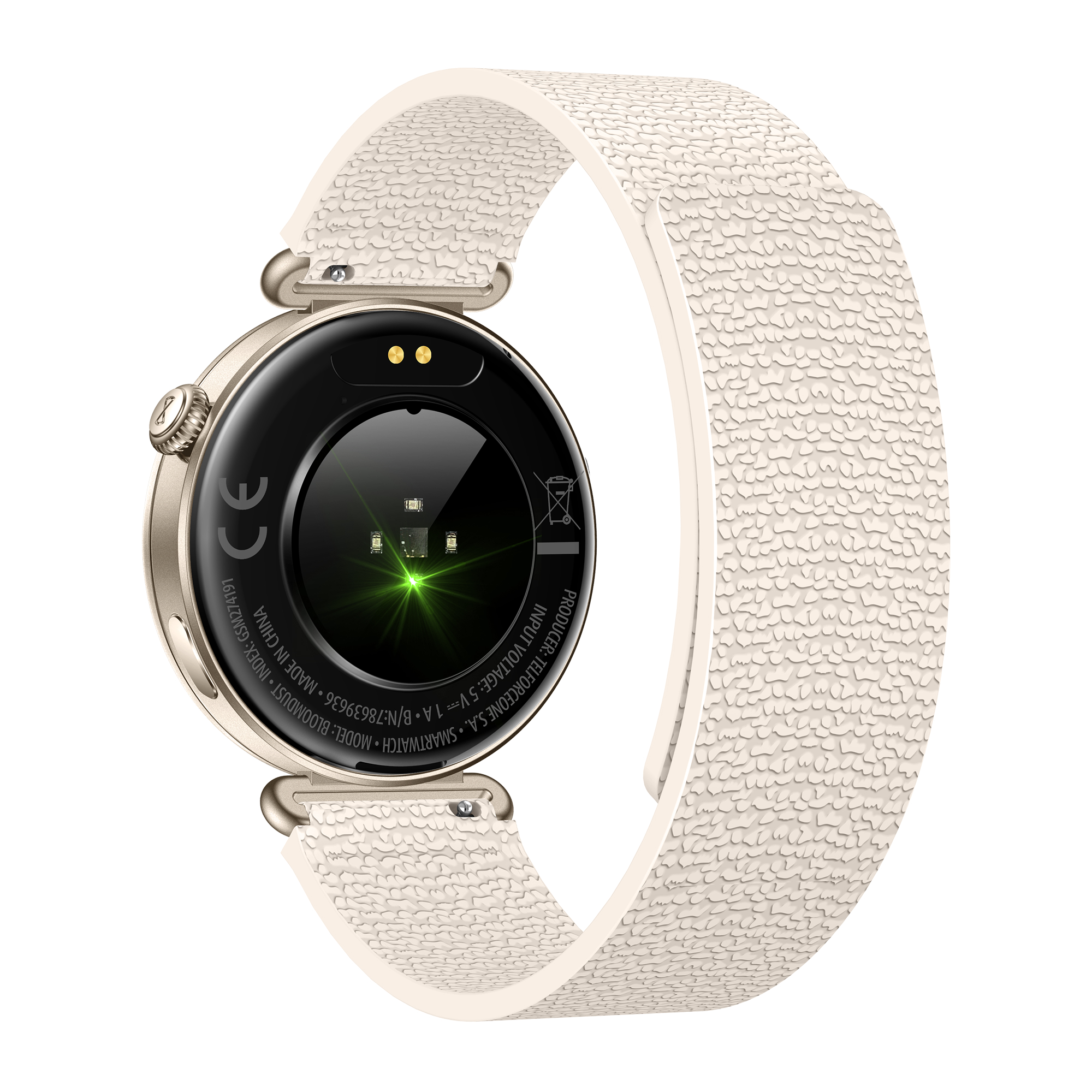 Smartwatch con cinturino chiaro e testurizzato e cassa dorata.