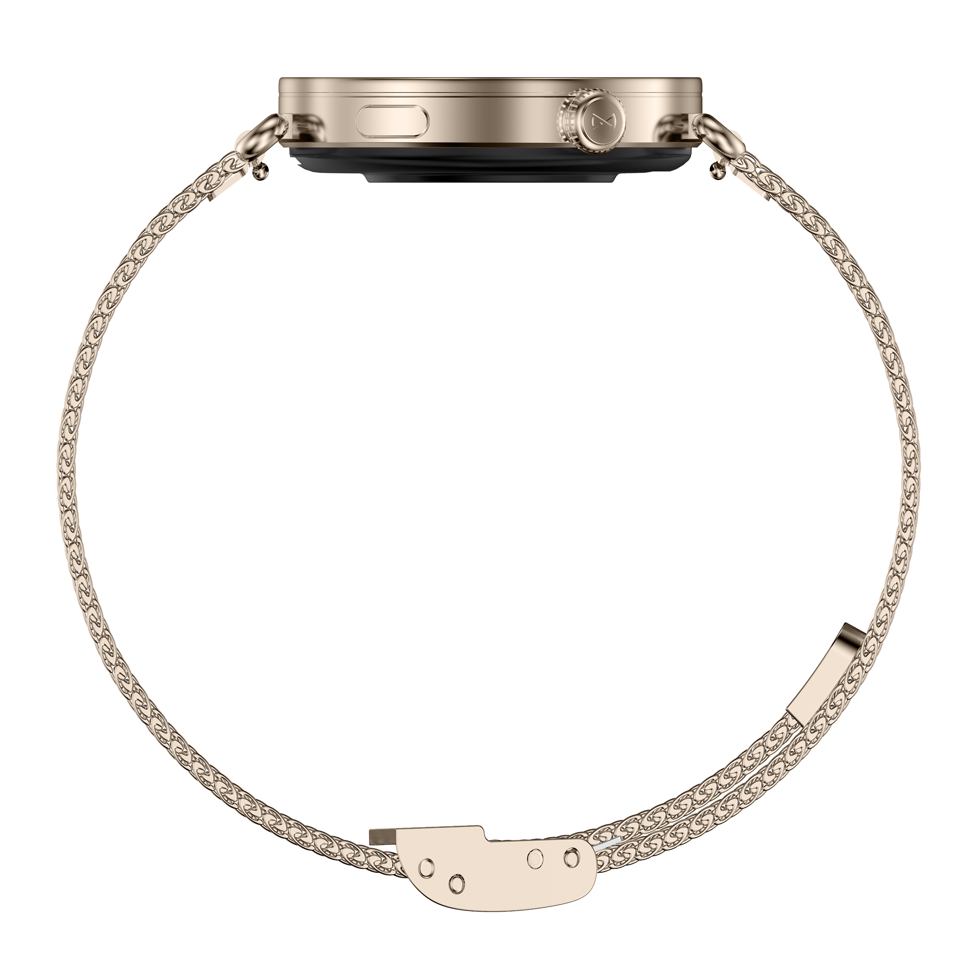 Uno smartwatch dorato con cinturino a rete fine, su sfondo bianco.