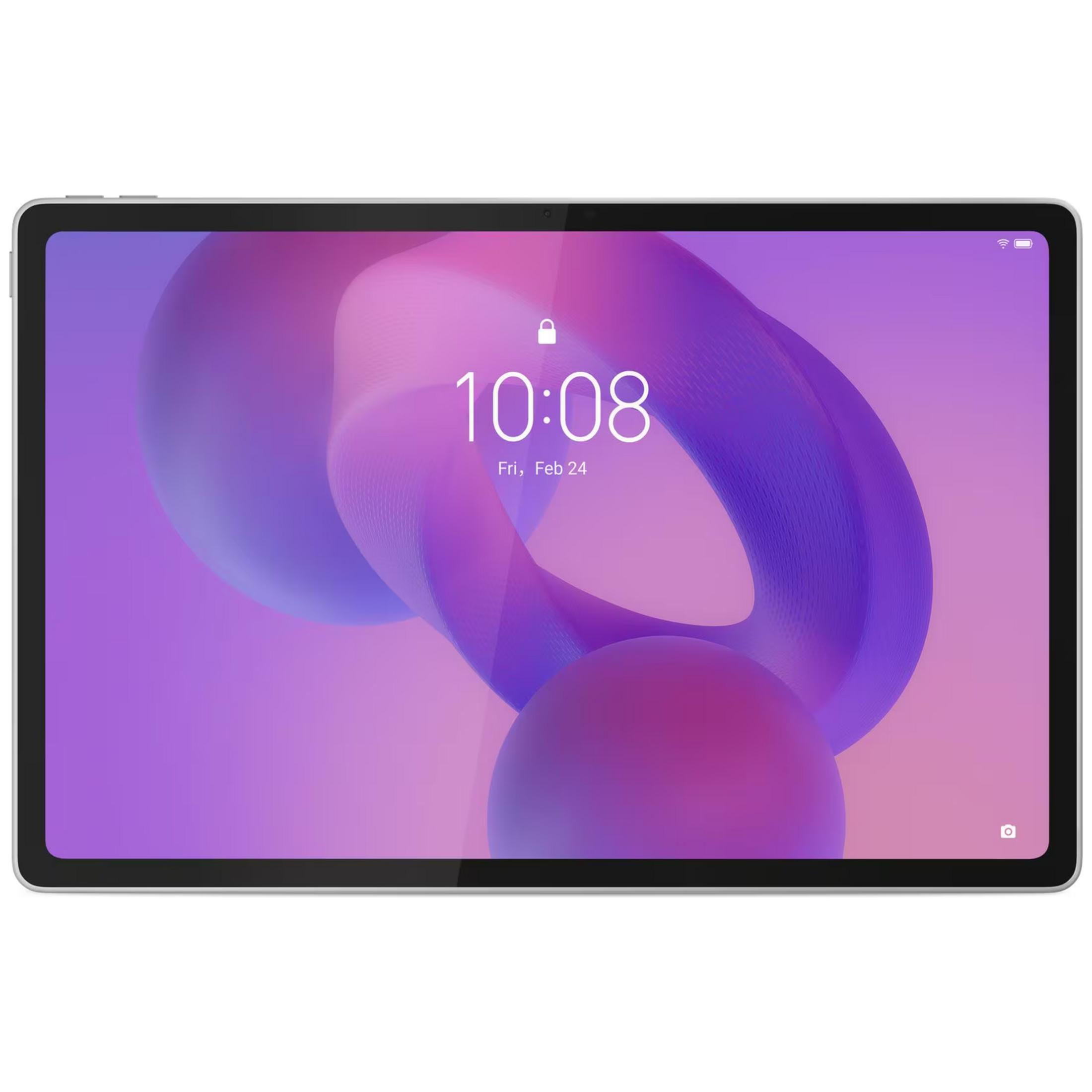 Un tablet argentato con schermo bloccato mostra le 10:08 e uno sfondo astratto viola.