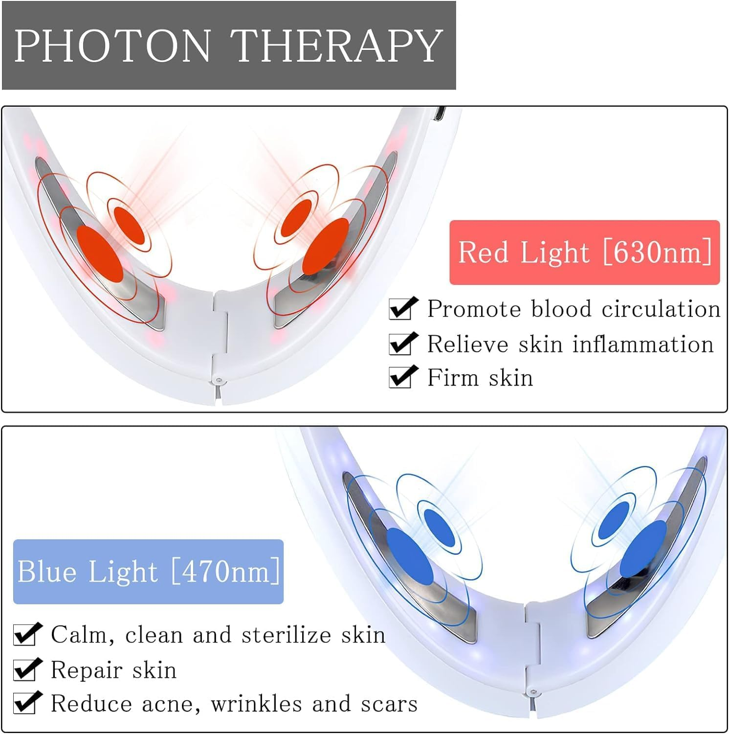 Photon-Therapiegerät mit rotem und blauem Licht, das Hautpflegevorteile zeigt.