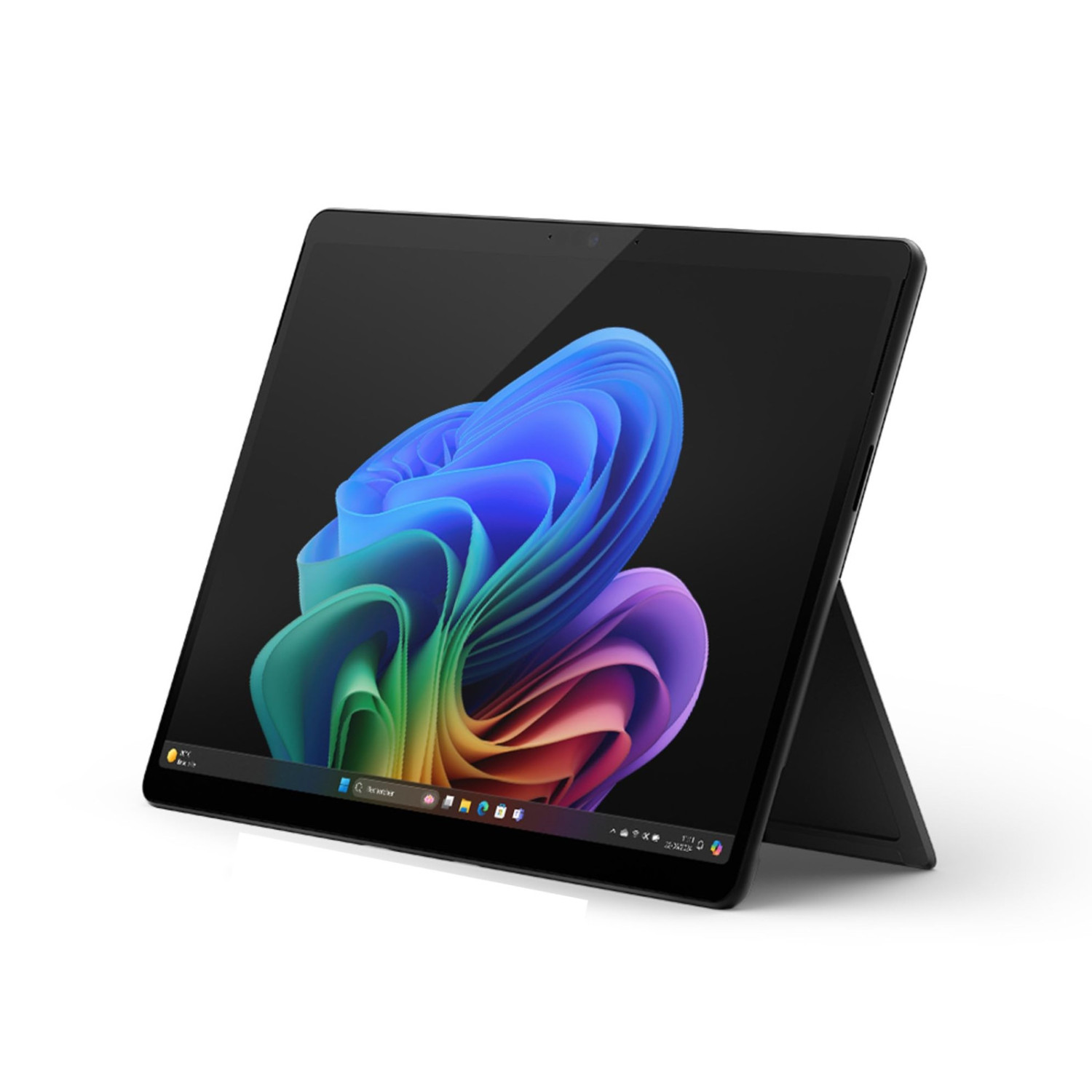 Tablet nero con sfondo colorato e vorticoso e barra delle applicazioni.