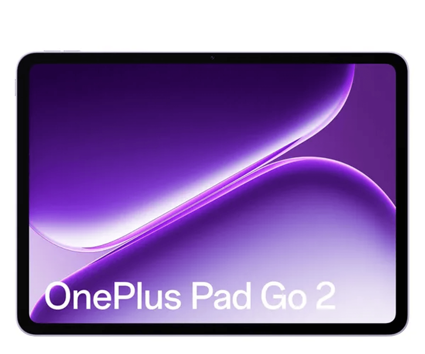 Tablet OnePlus Pad Go 2 con sfondo viola e testo bianco.