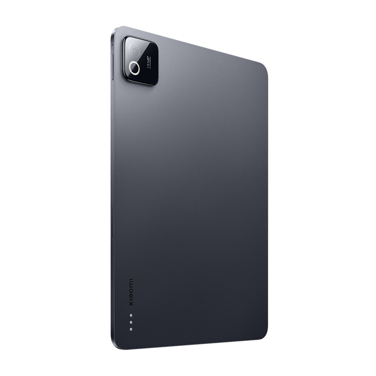 Arkada 13MP kamera ve Xiaomi logosu bulunan koyu gri tablet.
