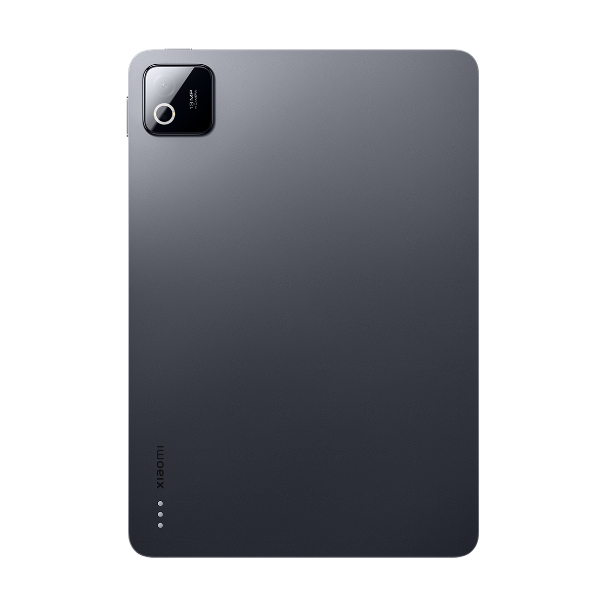 13MP kamera ve Xiaomi logosuna sahip koyu gri tablet.