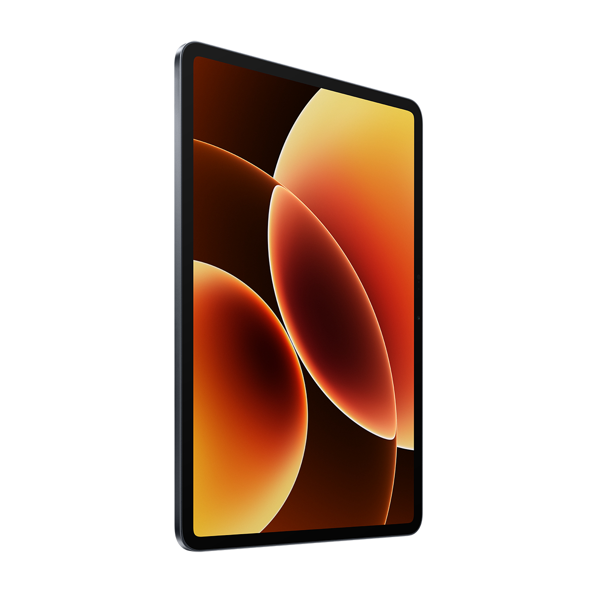 Soyut turuncu ve sarı duvar kağıdı gösteren koyu renkli bir tablet.