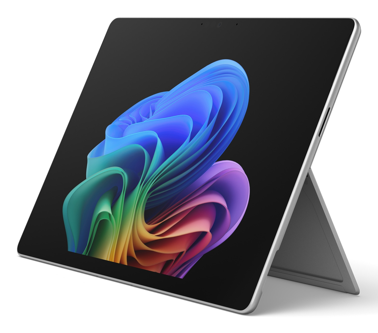 Un tablet argentato con un design astratto colorato sullo schermo.