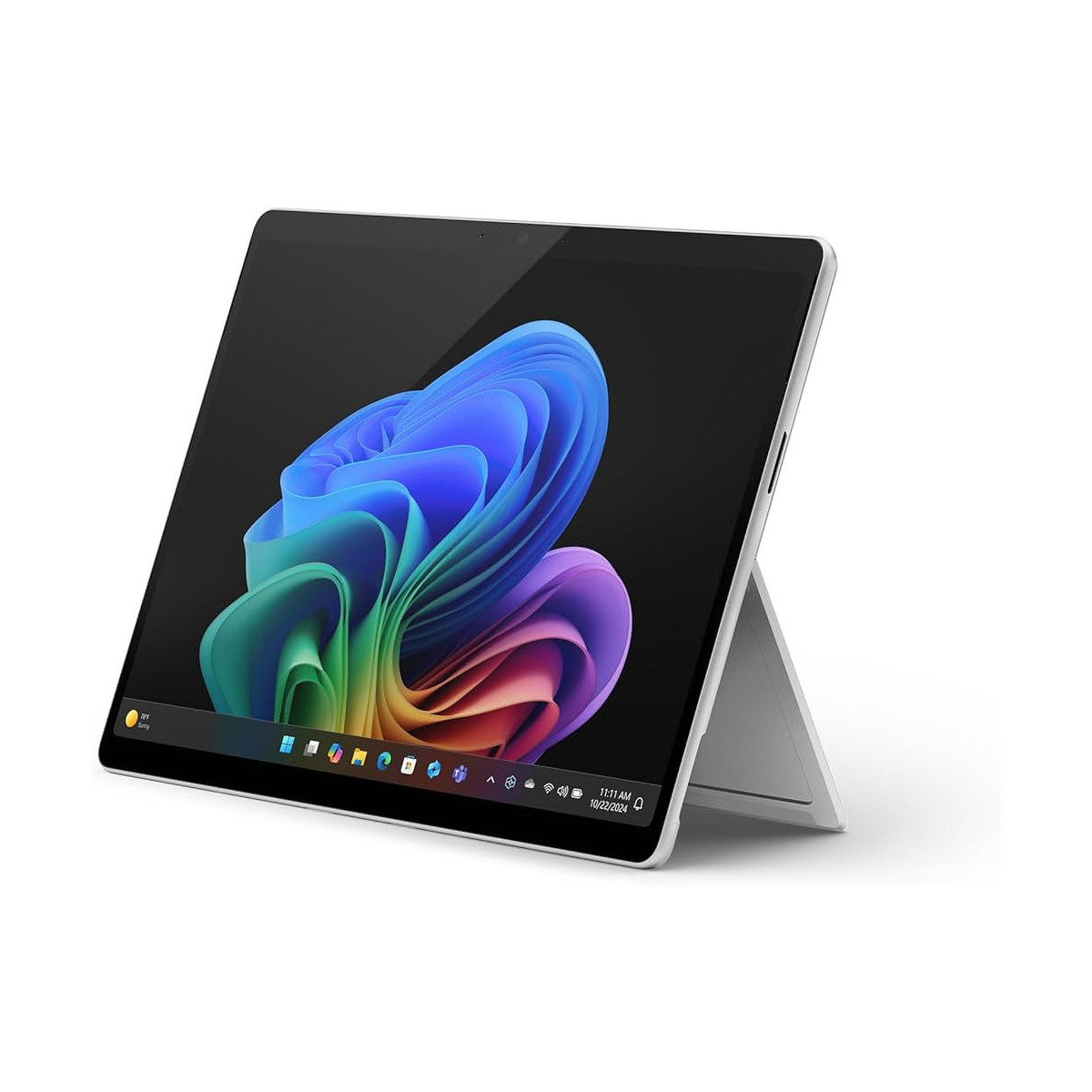 Un tablet argentato con cavalletto e uno sfondo astratto colorato sullo schermo.