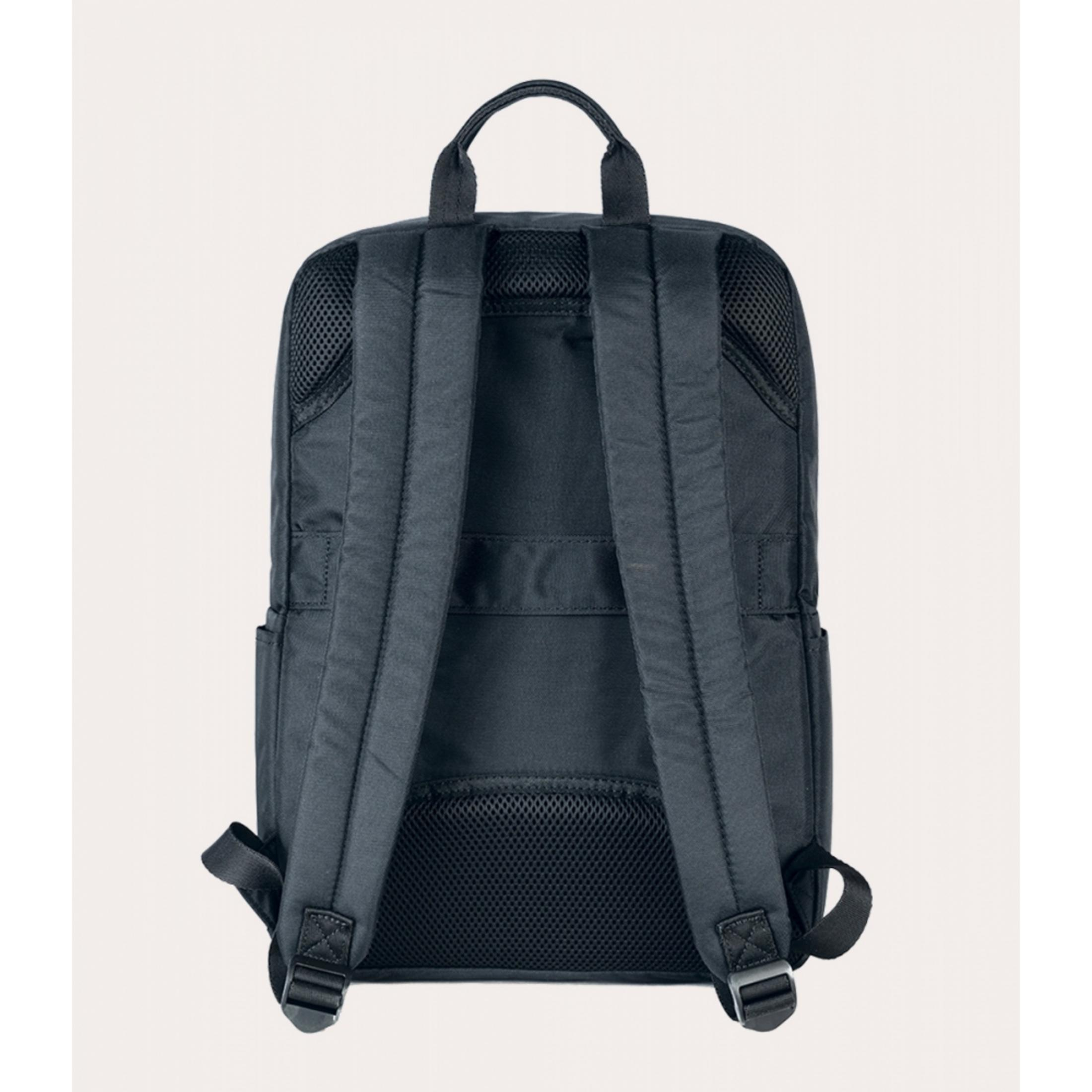 Rückansicht eines schwarzen Rucksacks mit gepolsterten Trägern und Netzrücken.
