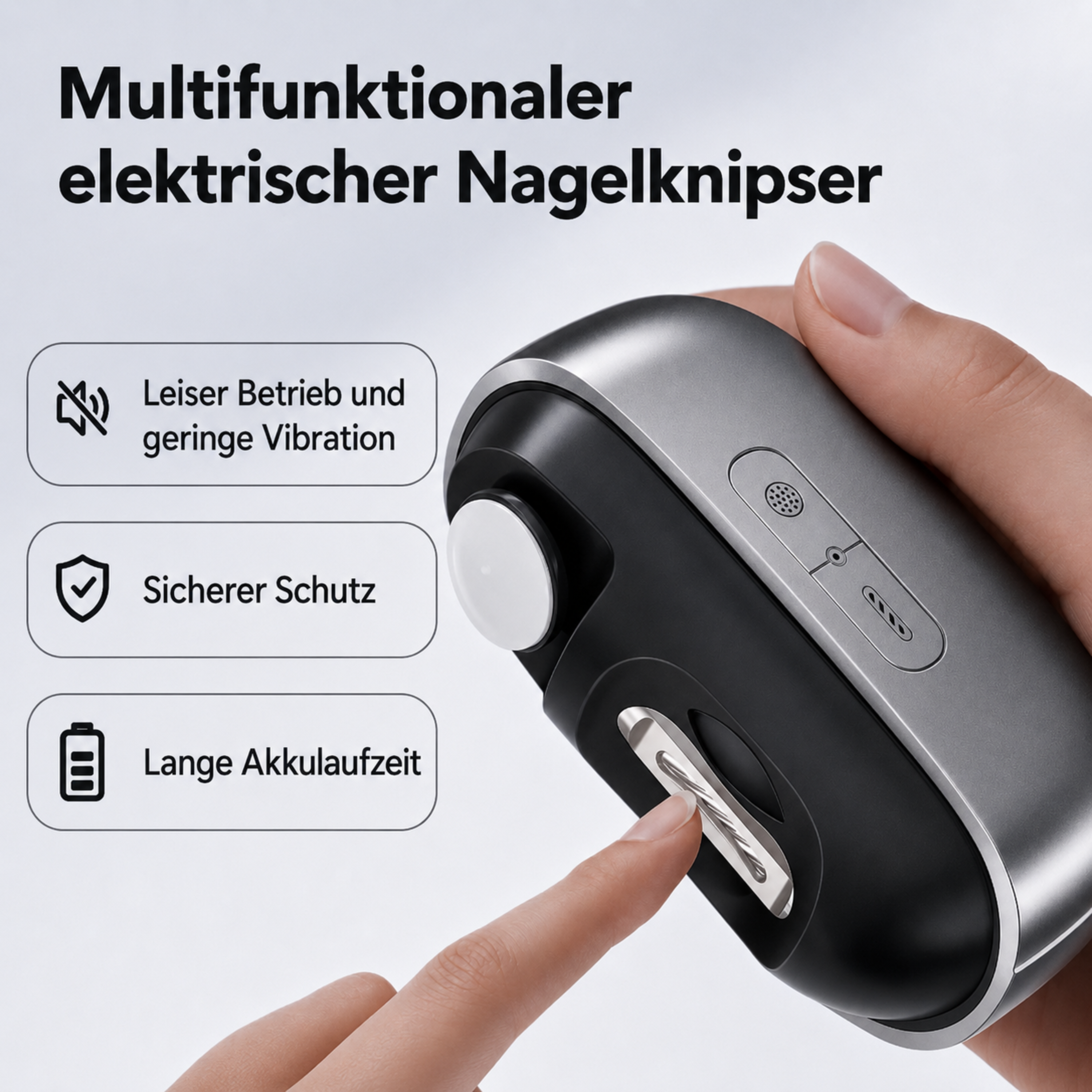 Ein silberner elektrischer Nagelknipser mit drei weißen Symbolen links.