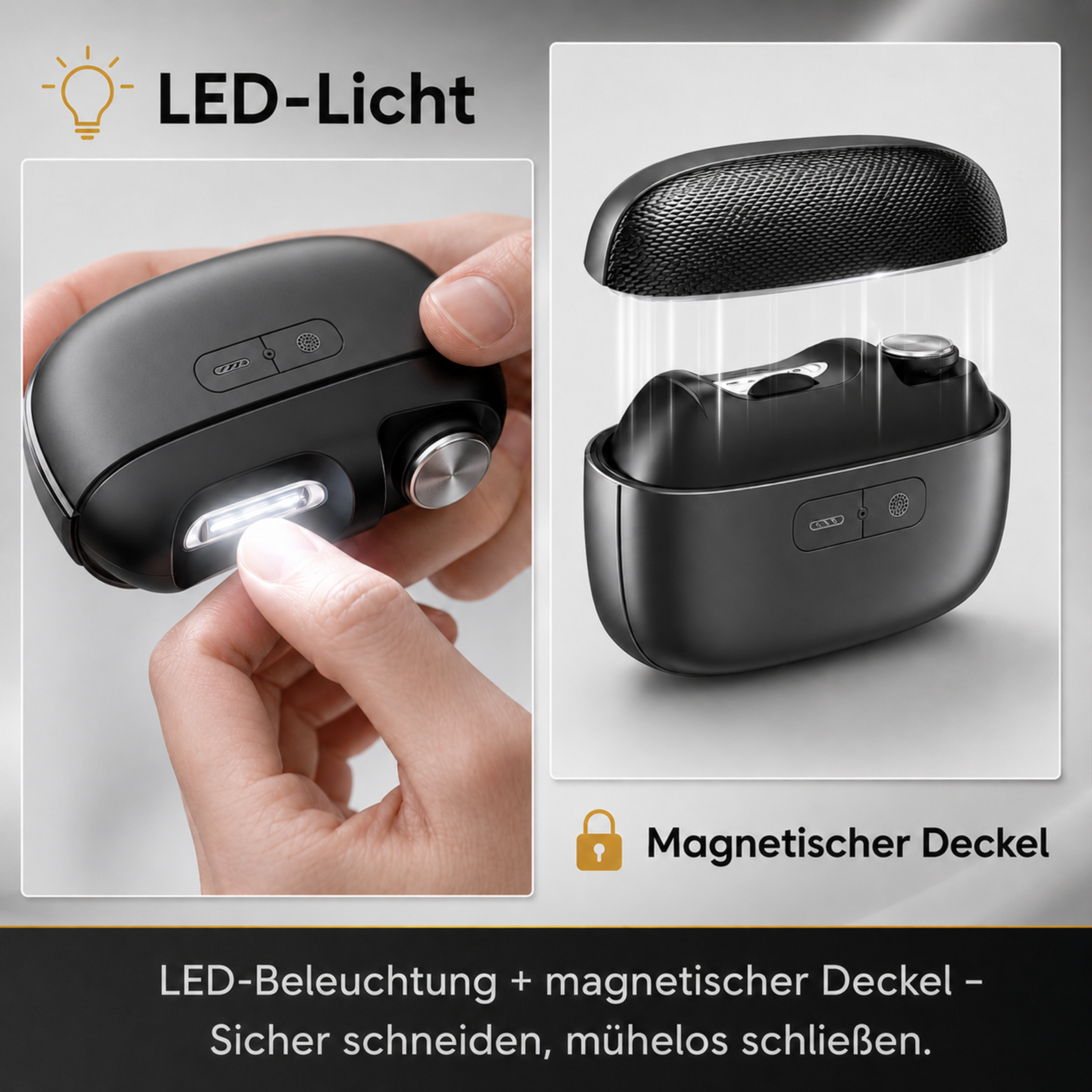 Schwarzer Elektrorasierer mit LED-Licht und magnetischem Deckel.