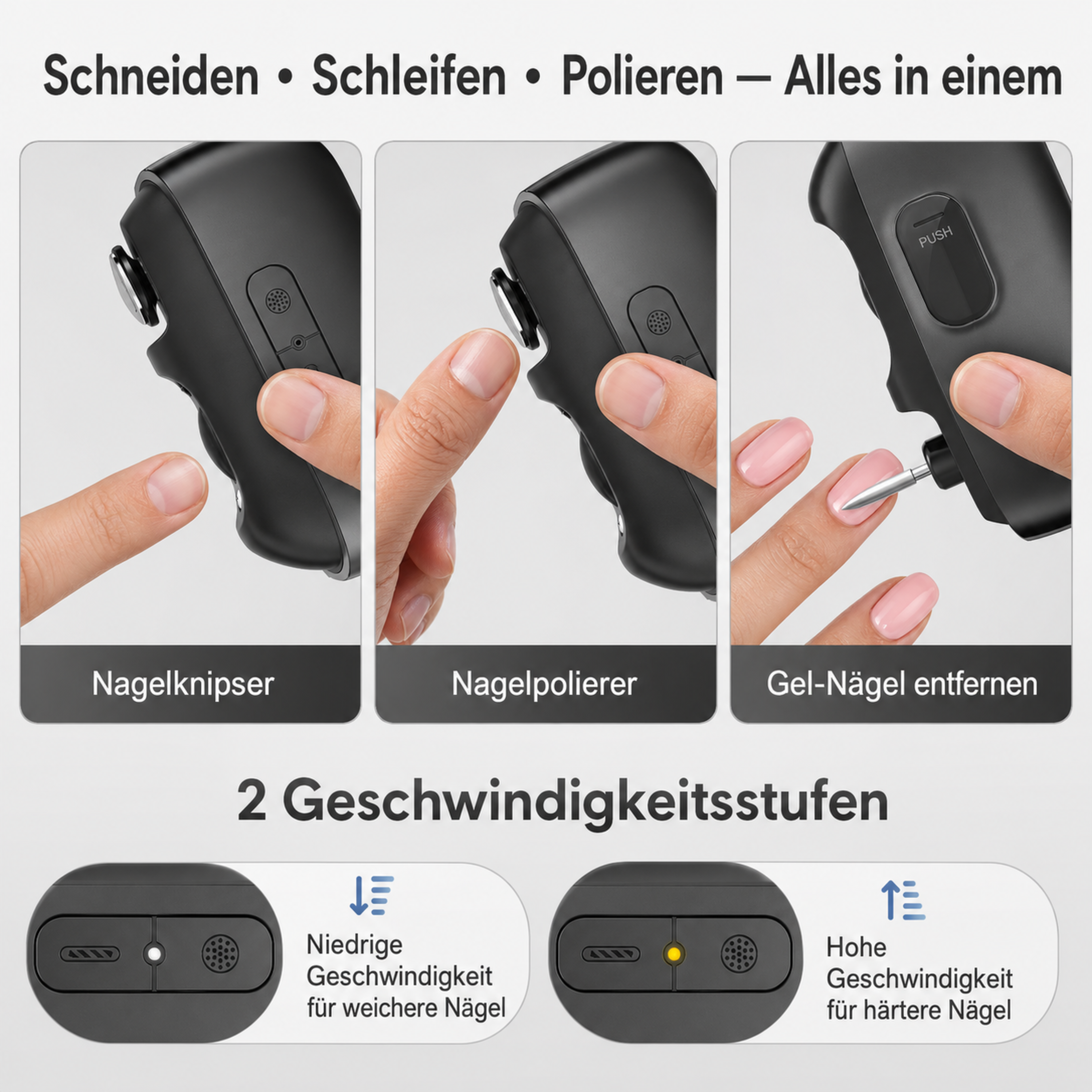 Ein elektrisches Nagelpflegegerät mit drei Aufsätzen: Nagelknipser, Nagelpolierer, Gel-Entferner.
