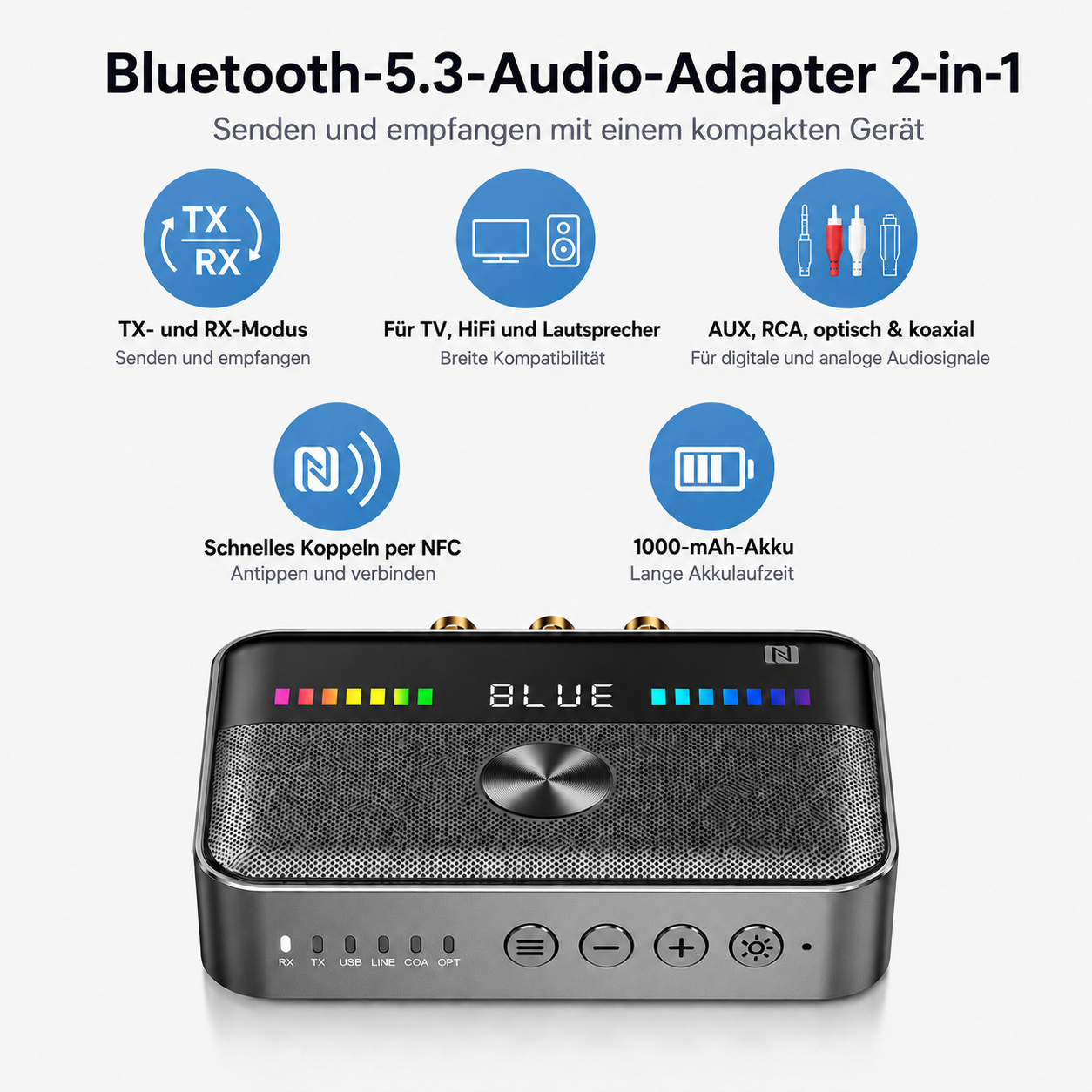 Bluetooth 5.3 Audio Adapter 2-in-1 mit TX/RX, NFC, AUX, RCA, optisch, koaxial & 1000mAh Akku.