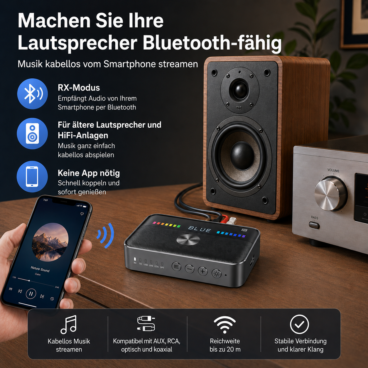 Bluetooth-Audioempfänger mit Lautsprecher, Smartphone und Verstärker auf einem Tisch.
