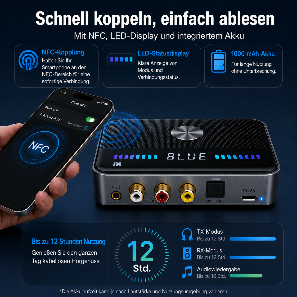 Smartphone mit NFC verbindet sich mit Bluetooth-Gerät. Anzeige zeigt Features.