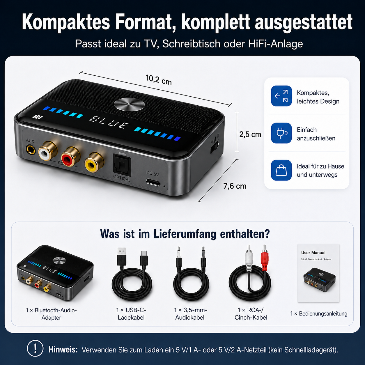 Bluetooth-Audioadapter mit Anschlüssen, Kabeln und Anleitung. Maße: 10,2x7,6x2,5cm.