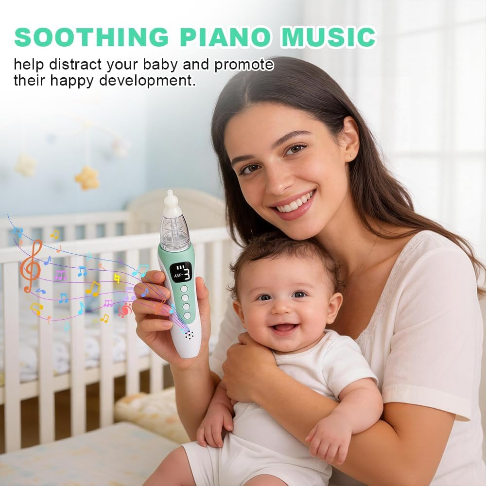 Eine Frau hält ein Baby und einen Nasensauger mit Musiknoten.