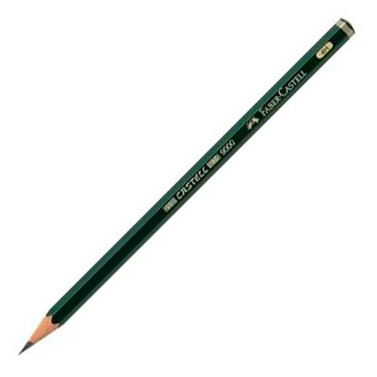 Ein dunkelgrüner Faber-Castell 9000 Bleistift mit spitzer Graphitmine vor weißem Hintergrund.