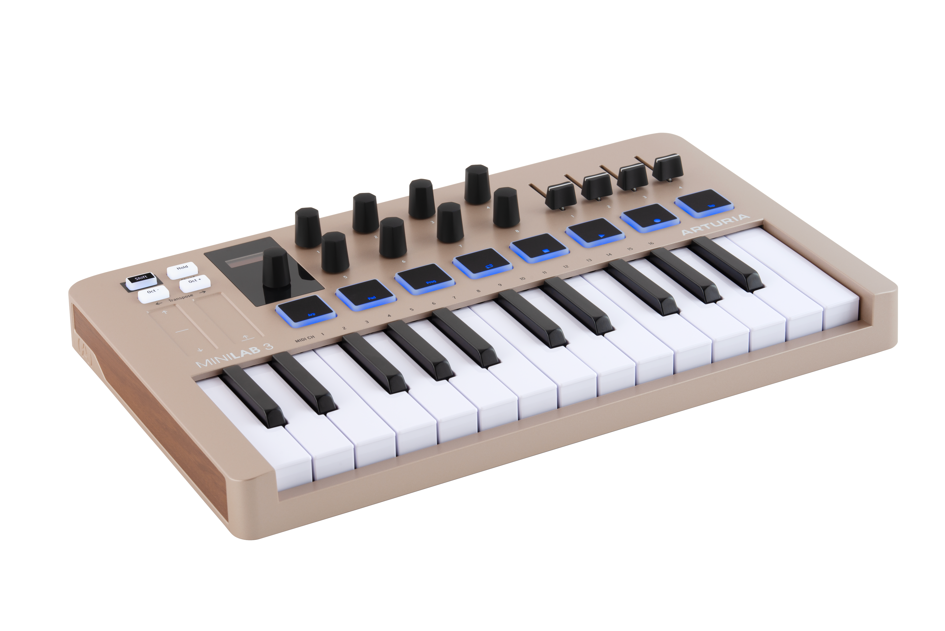 Ein hellbeiger Minilab 3 MIDI-Controller mit weißen und schwarzen Tasten.