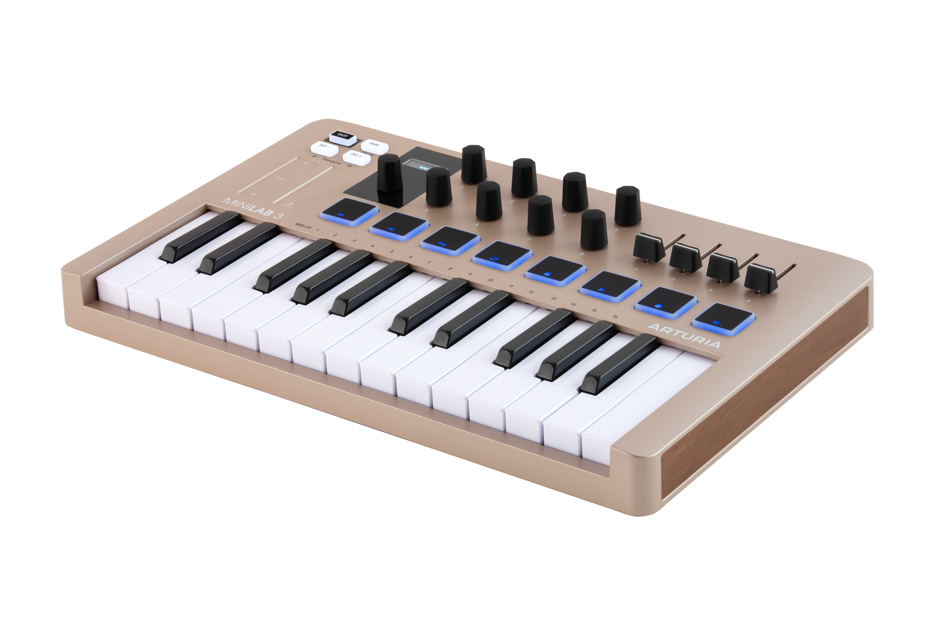 Ein goldfarbenes Arturia Minilab 3 MIDI-Keyboard mit schwarzen Tasten und Bedienelementen.