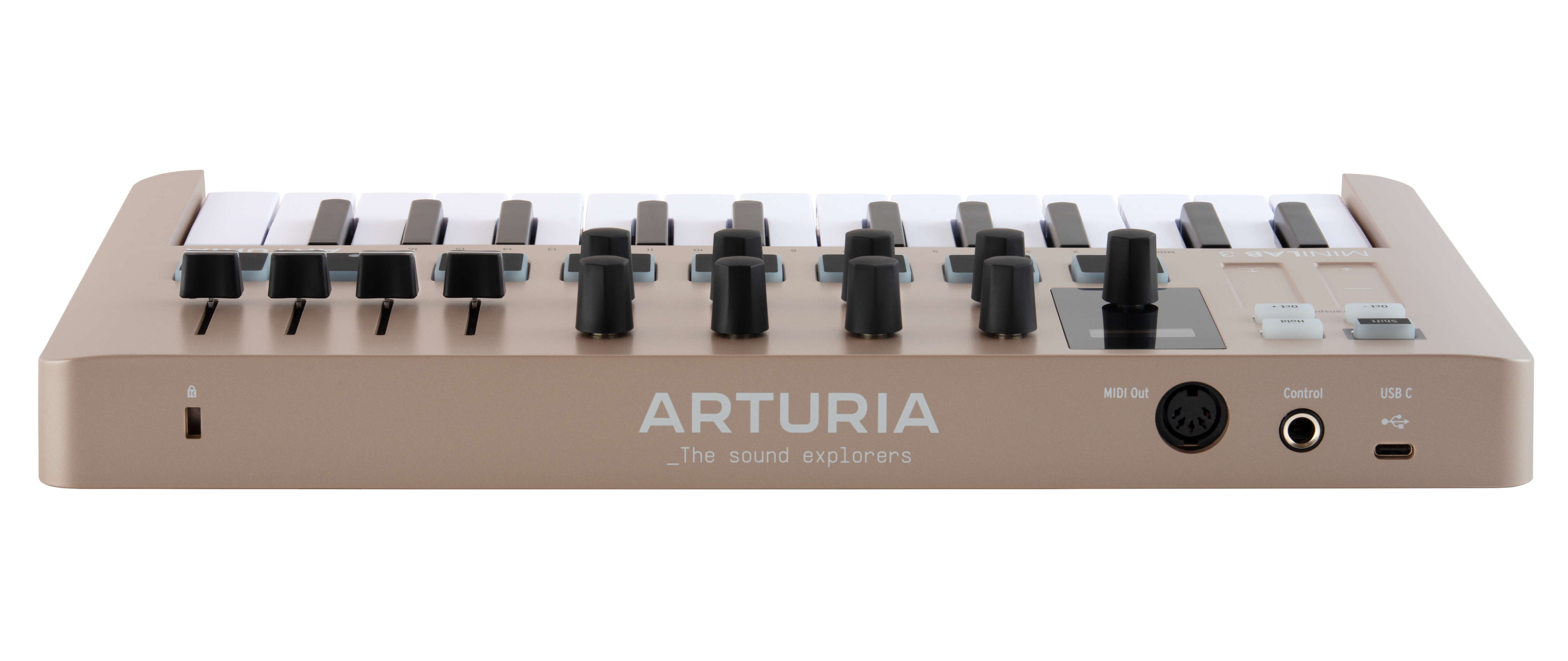 Ein goldener MIDI-Controller mit Tasten, Knöpfen und Anschlüssen.