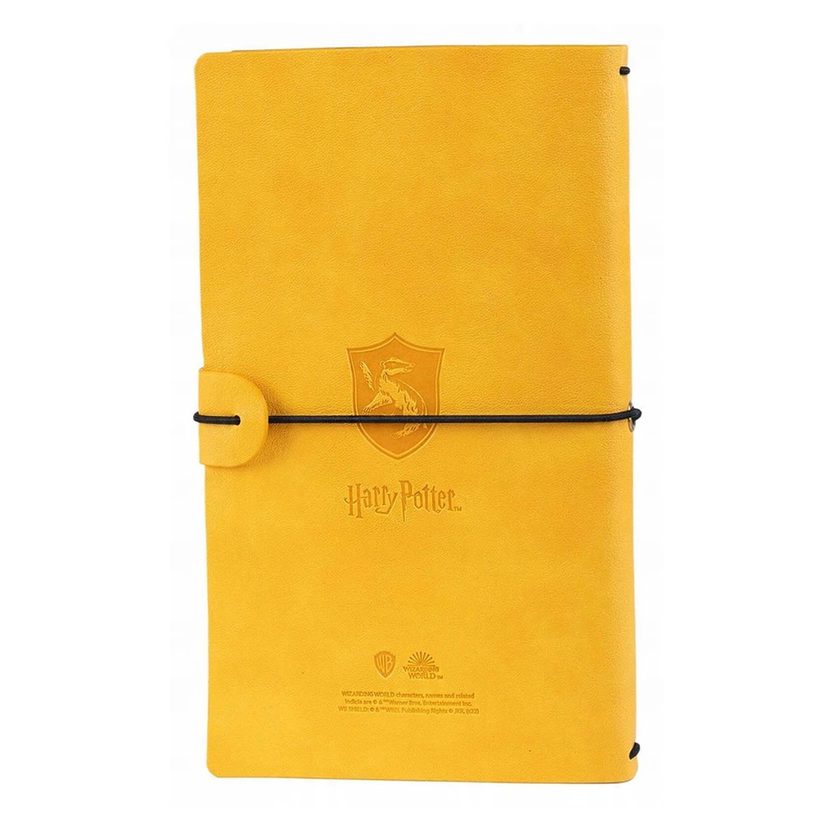 Cuaderno amarillo de Harry Potter con escudo dorado y cierre elástico.