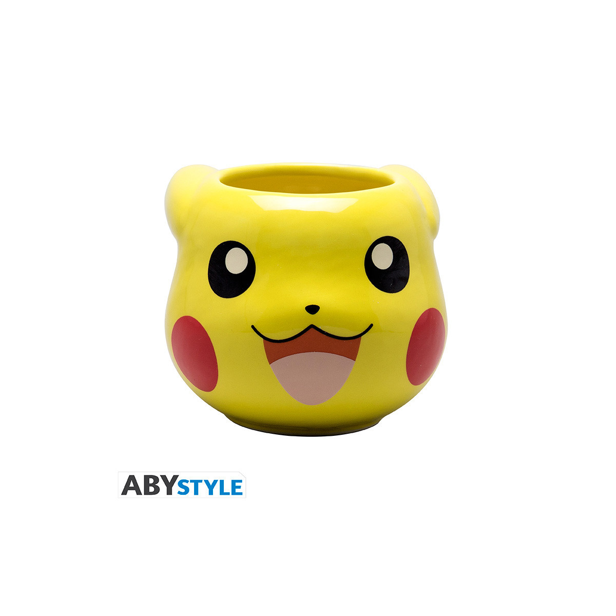 Ein gelber Pikachu-Becher mit schwarzen Augen, roten Wangen und einem breiten Lächeln.