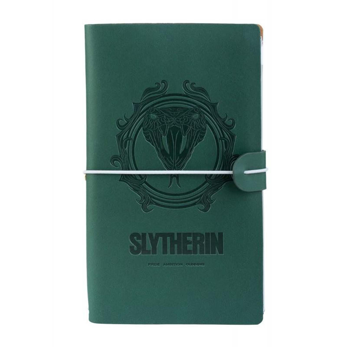Libreta verde oscuro con el escudo de Slytherin y emblema de serpiente.