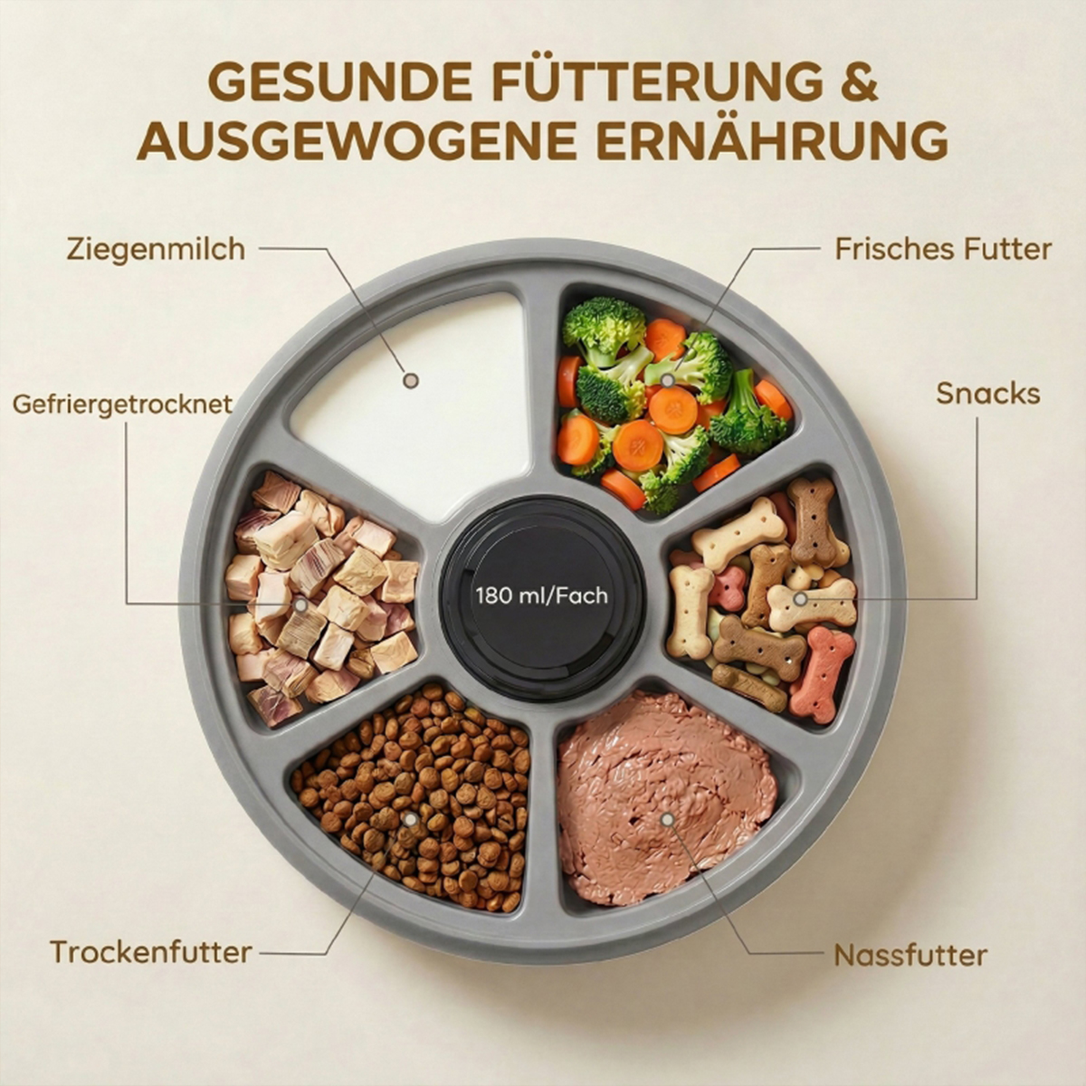 Graue Tierfutter-Schale mit Fächern für Ziegenmilch, gefriergetrocknetes Futter, Trockenfutter, Nassfutter, frisches Futter und Snacks.