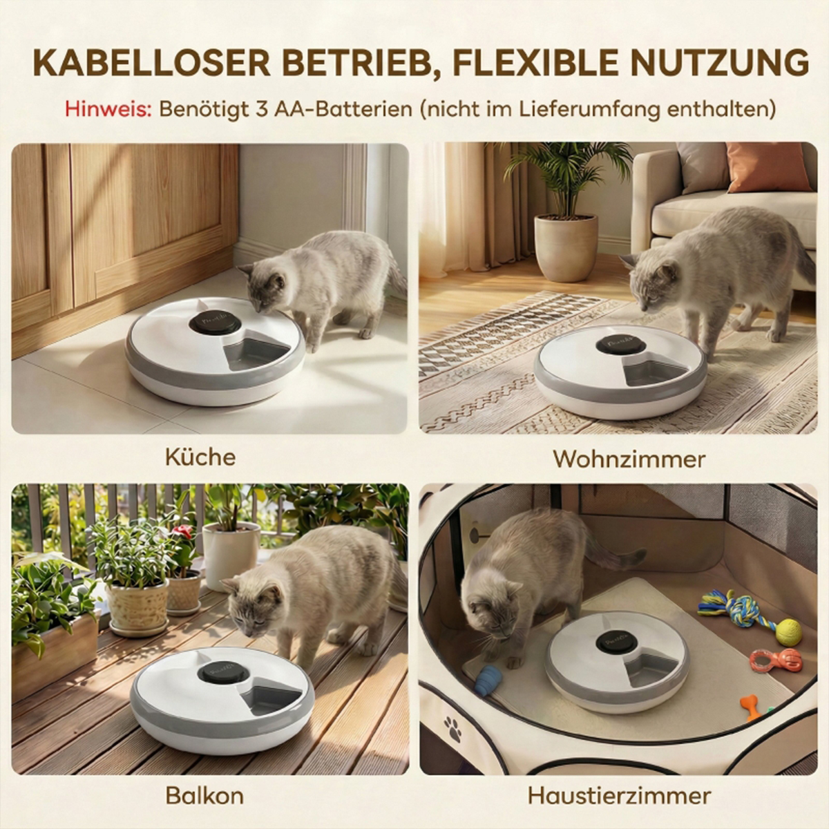 Katze an einem Futterspender in Küche, Wohnzimmer, Balkon und Haustierzimmer.