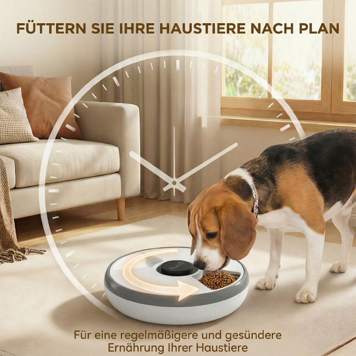 Ein Beagle frisst aus einem automatischen Futterspender in einem Wohnzimmer.