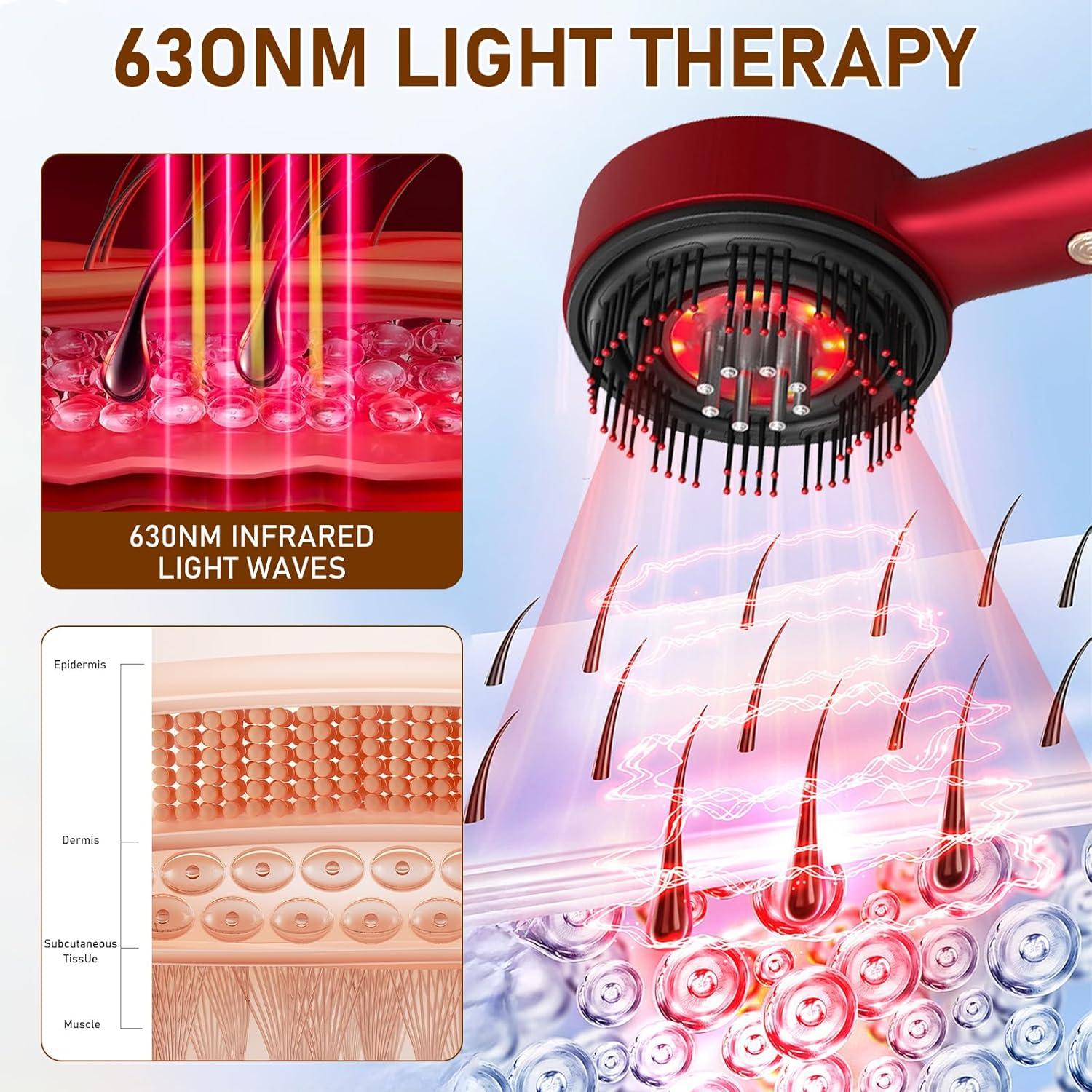Roter Lichttherapie-Kamm mit 630nm Wellen, die auf Hautschichten und Haarwurzeln wirken.
