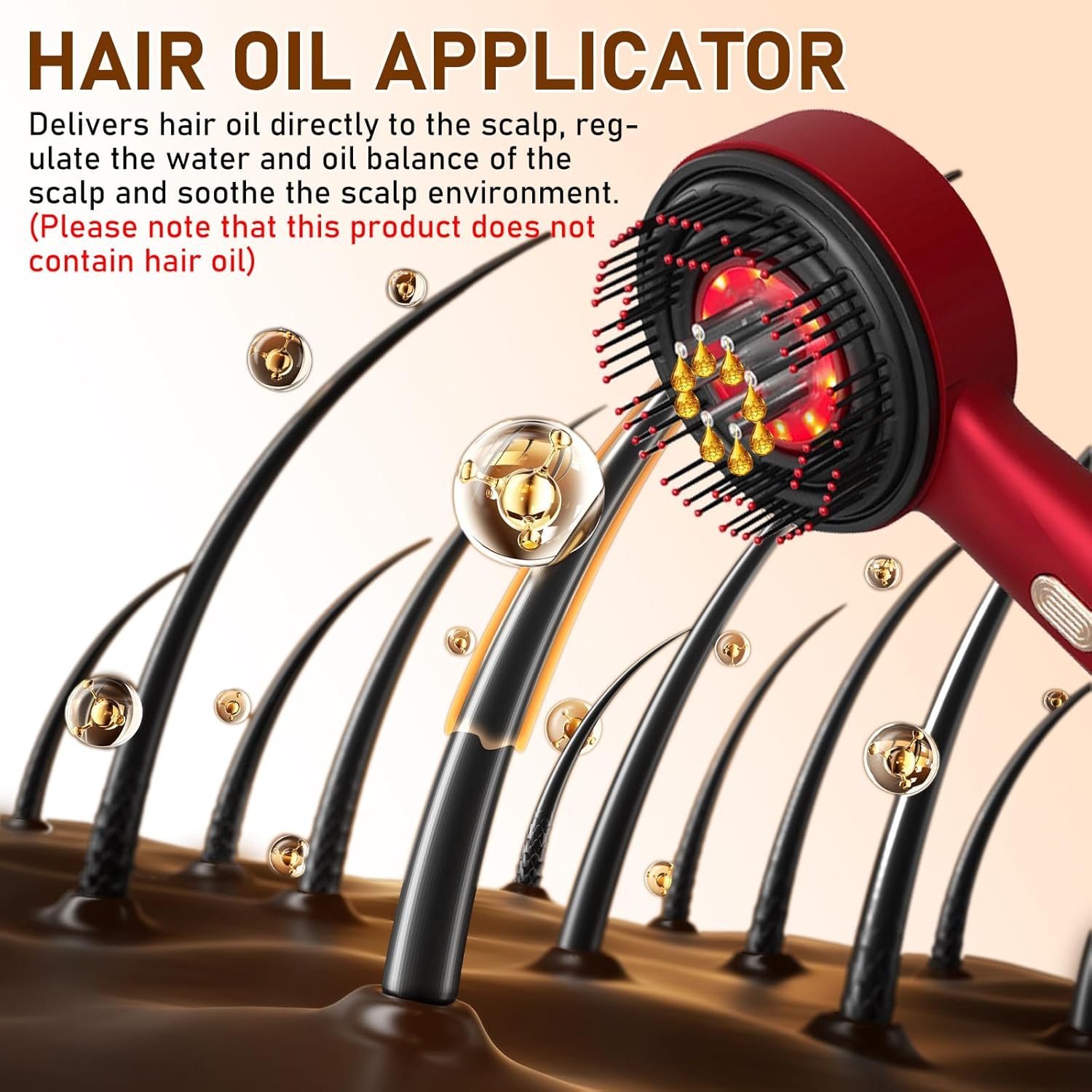 Roter Haaröl-Applikator mit Borsten, der Öltröpfchen auf schwarzes Haar sprüht.
