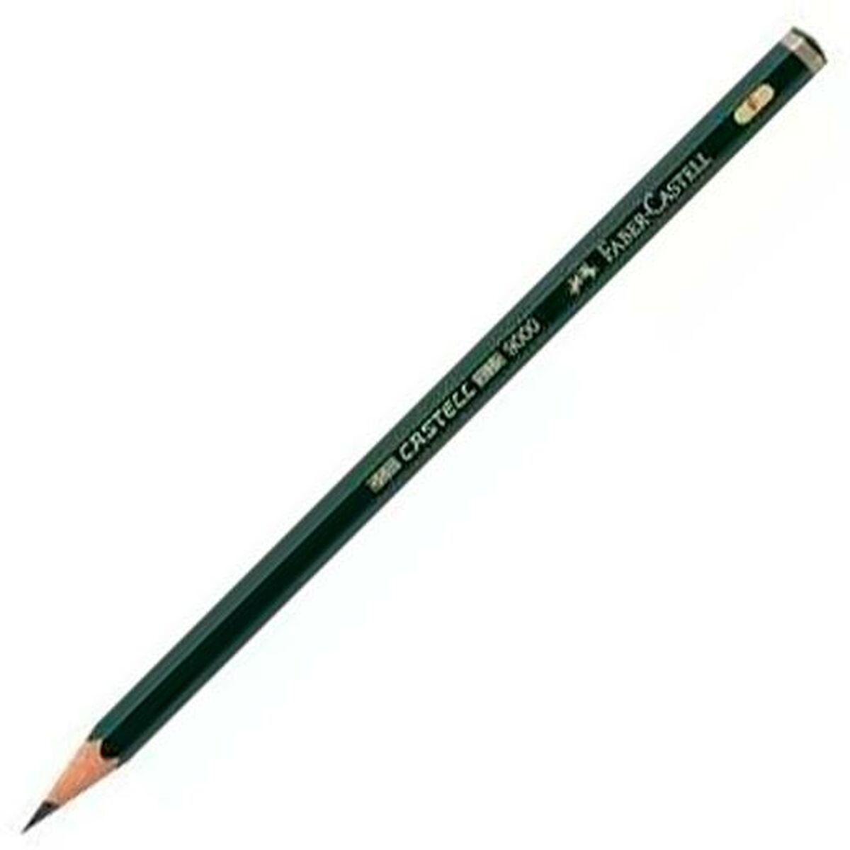 Ein spitzer Bleistift mit grünem Schaft und silbernem Ende, auf weißem Hintergrund.