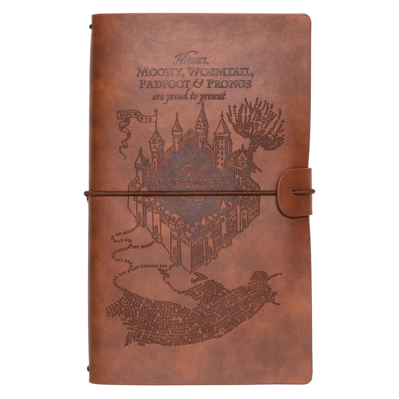Una cubierta de cuero marrón con Hogwarts de Harry Potter y el Mapa del Merodeador.