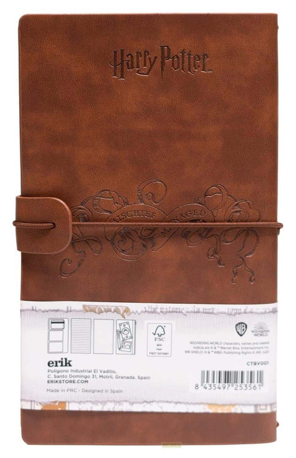 Un cuaderno marrón con logo de Harry Potter y cierre.