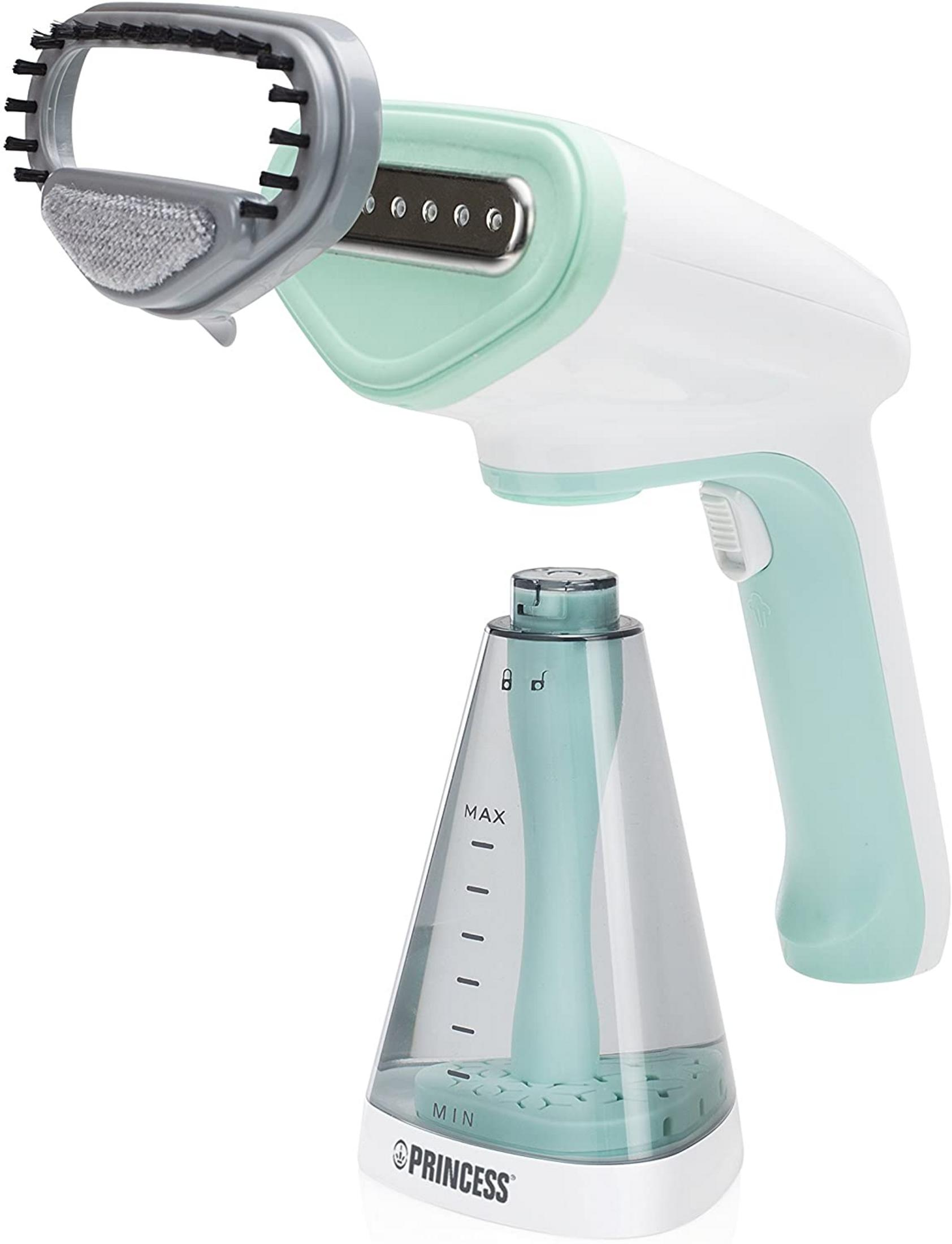 Un vaporizador de ropa de mano blanco y verde menta con depósito de agua extraíble.