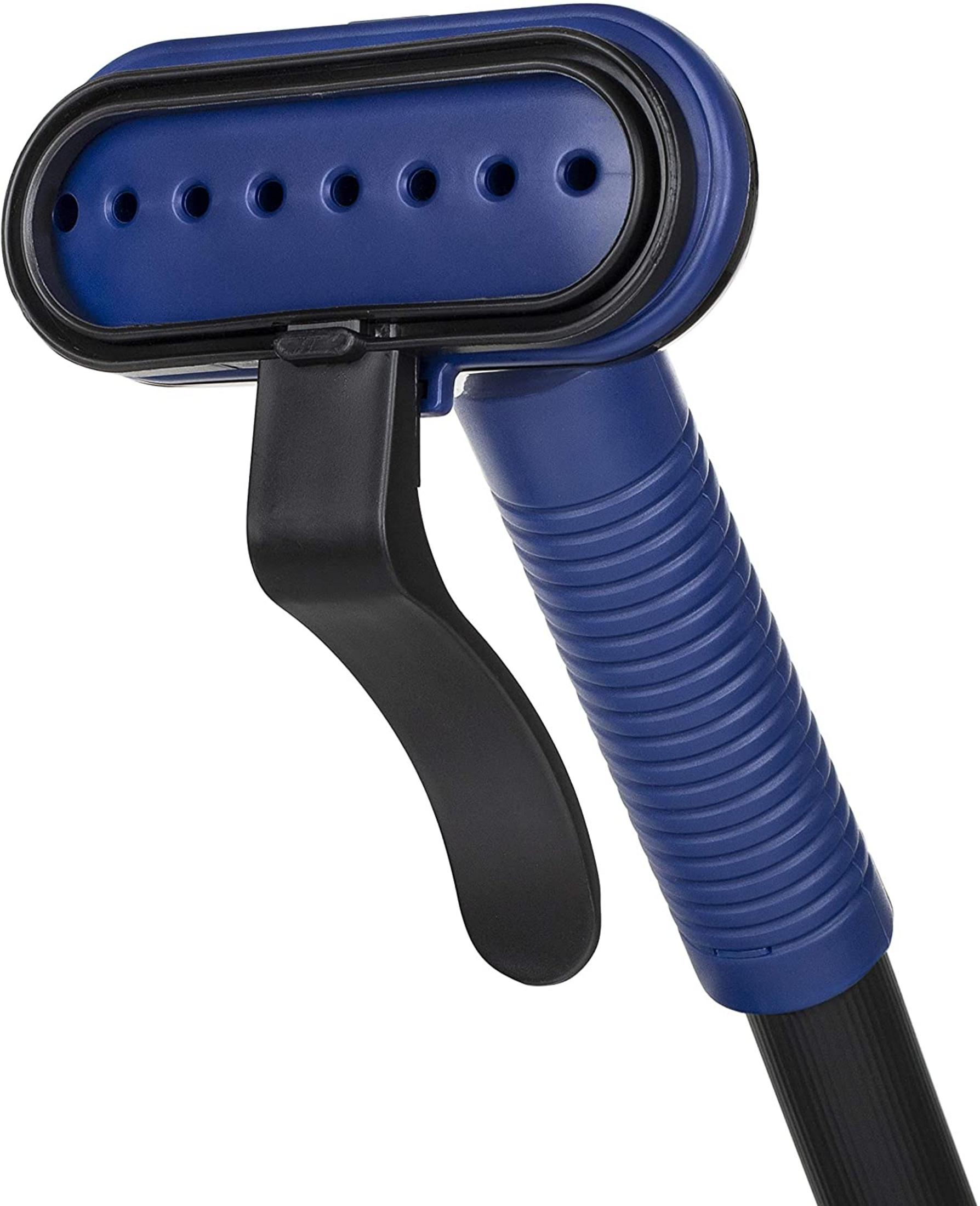 Primo piano di una spazzola a vapore blu con manico nero e ugelli.
