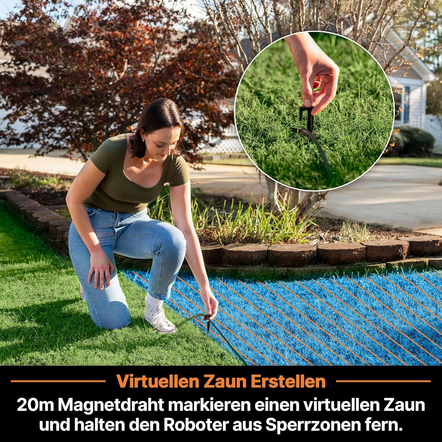 Eine Frau legt einen Magnetdraht im Garten, um einen virtuellen Zaun zu erstellen.