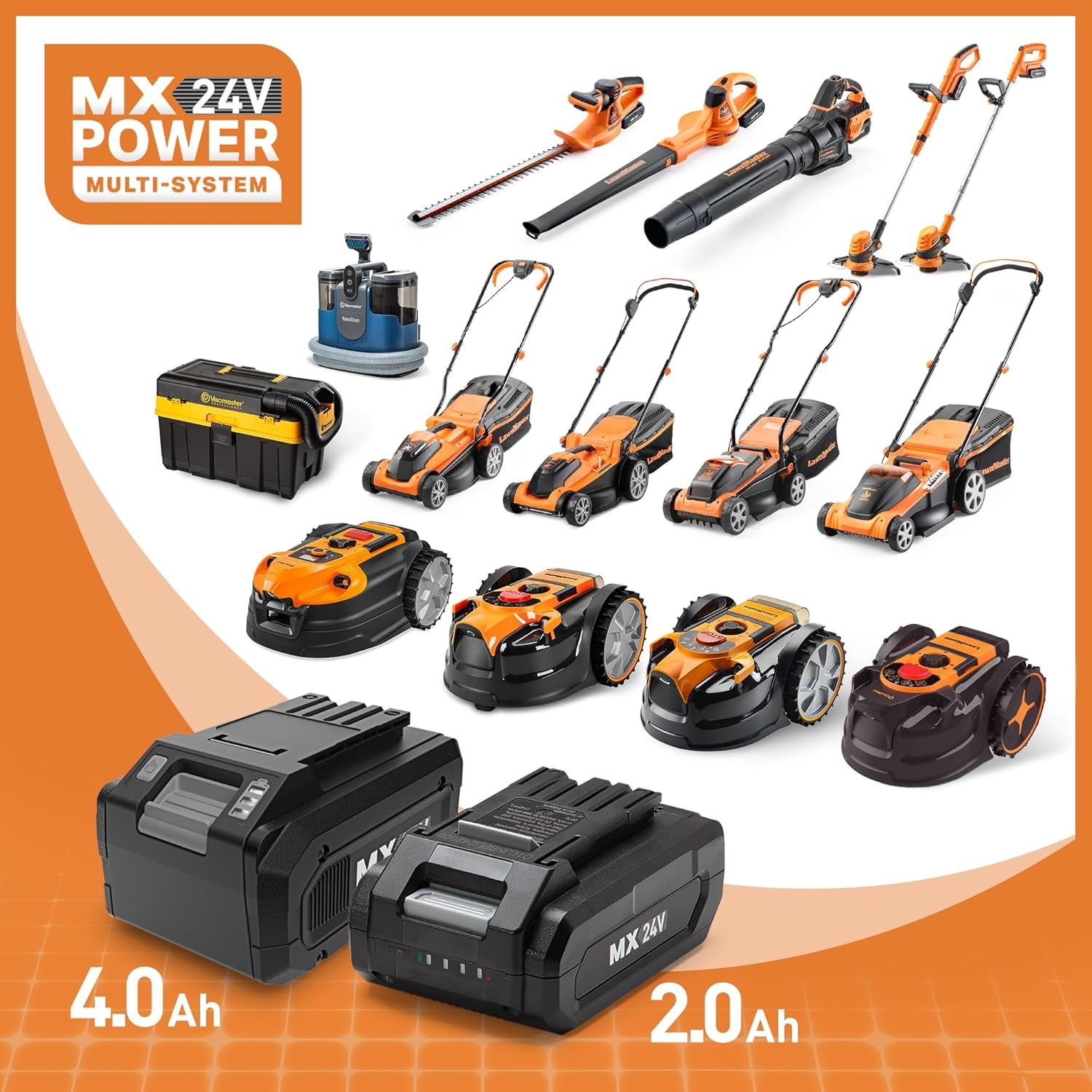 MX 24V Power Multi-System Geräte: Rasenmäher, Laubbläser, Heckenschere, Rasenroboter, Staubsauger, Werkzeugkasten, Akkus.