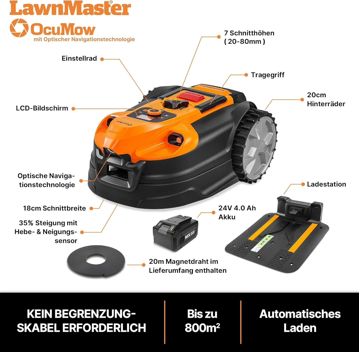 Orange und schwarzer Mähroboter mit Zubehör wie Akku, Ladestation und Magnetdraht.
