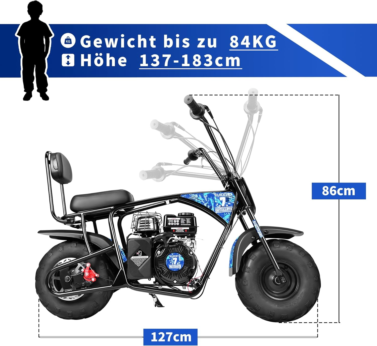 Ein schwarzer Mini-Dirtbike mit blauer Tarnung, Maße 127x86cm.