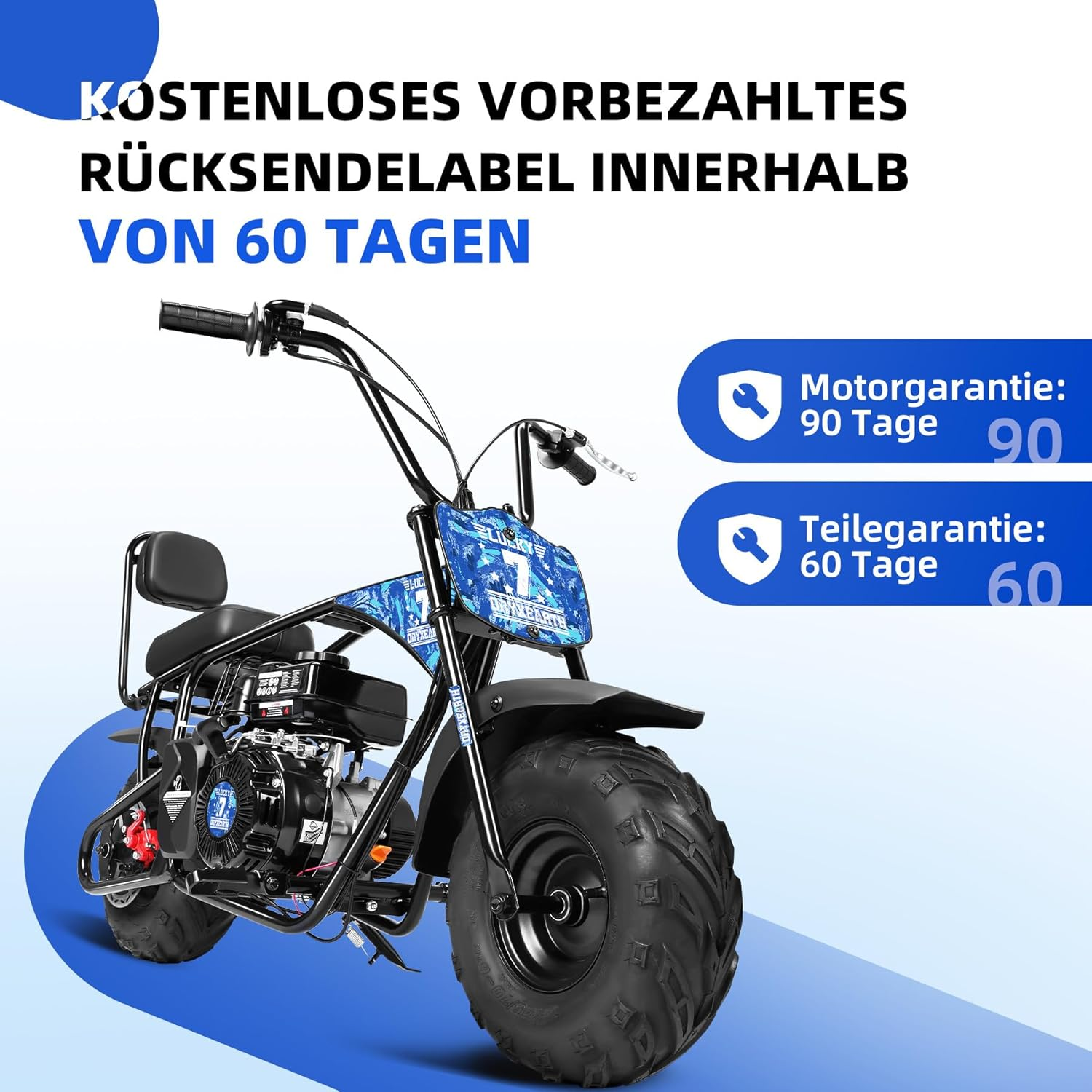 Mini-Motorrad mit 90 Tagen Motor- und 60 Tagen Teileschutz.