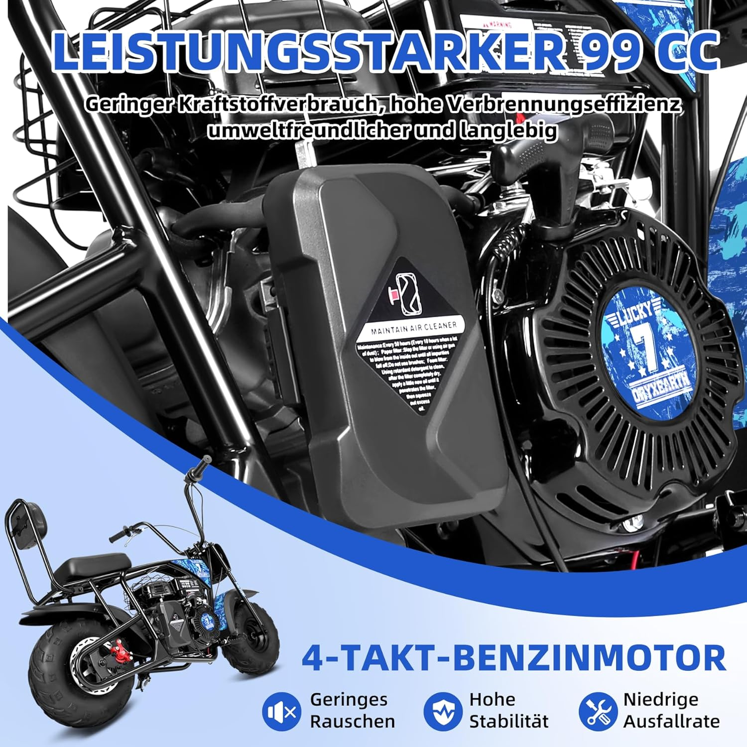 Kleines Motorrad mit 4-Takt-Benzinmotor, 99 ccm, Leistung, Effizienz, geringe Vibrationen.