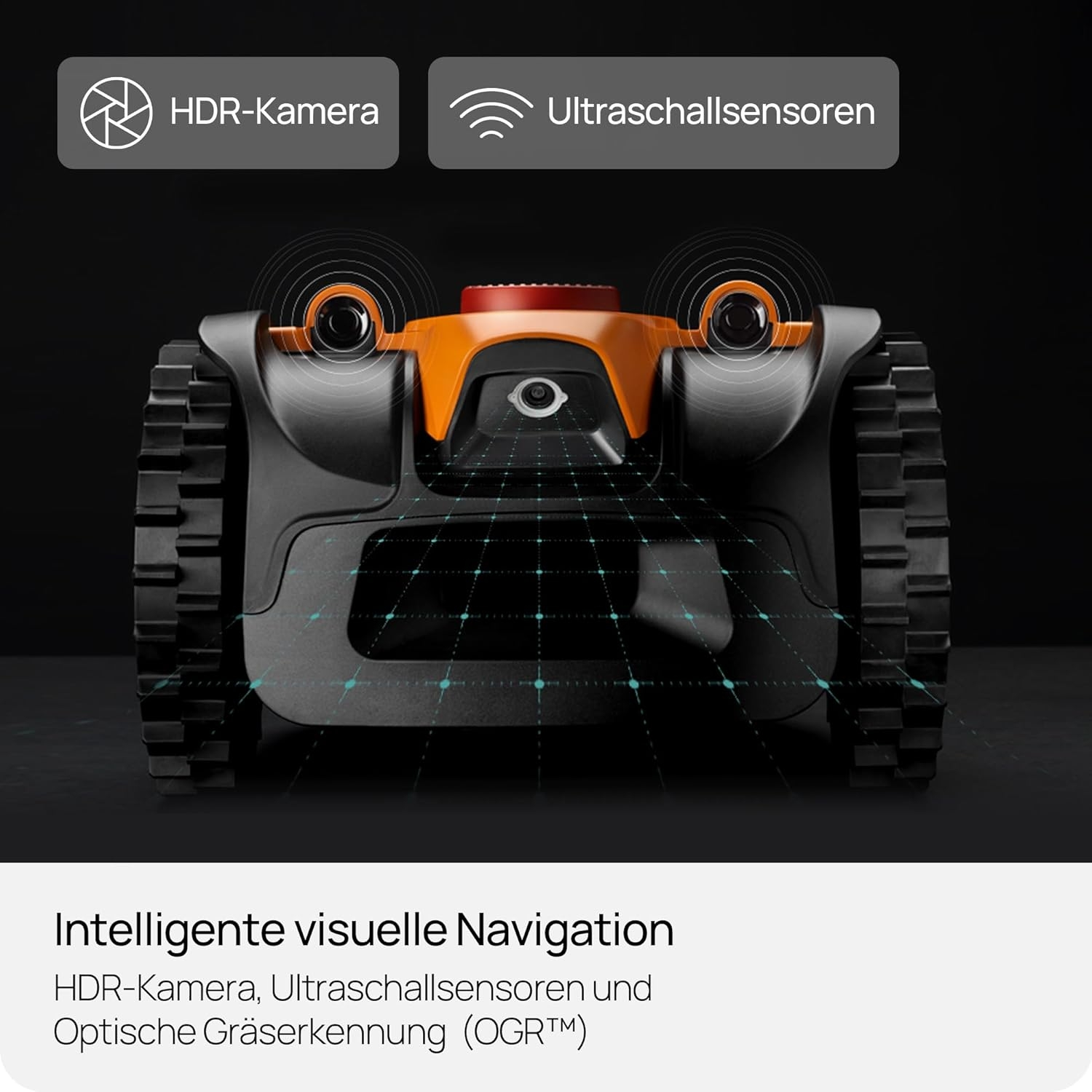 Ein schwarzer und oranger Mähroboter mit Ultraschall- und HDR-Kamerasensoren.