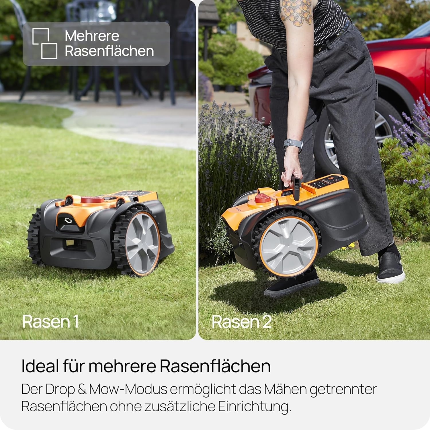Ein Rasenmähroboter auf einem Rasen, daneben eine Person, die einen trägt.
