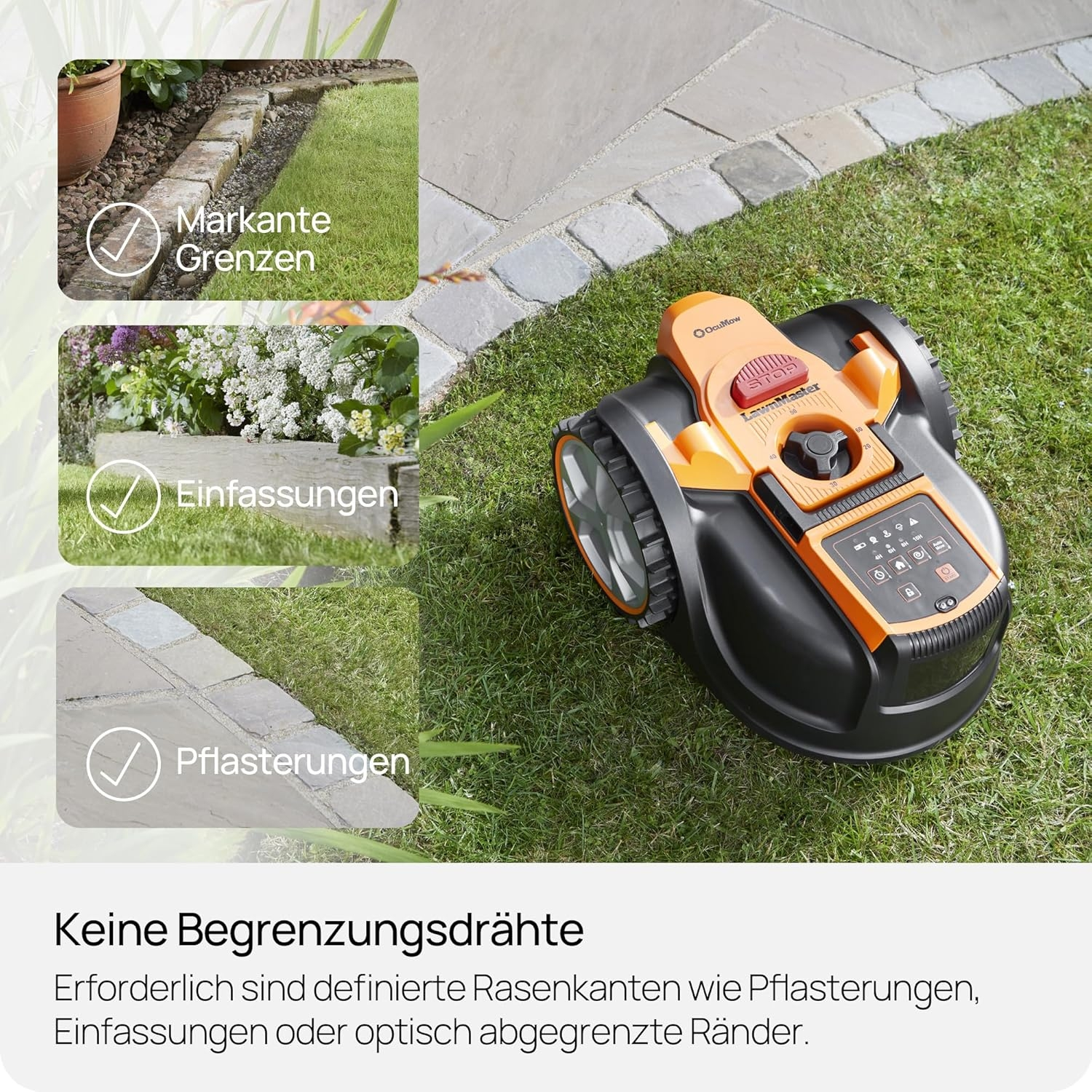 Ein orange-schwarzer Mähroboter auf einem Rasen neben gepflasterten Wegen.