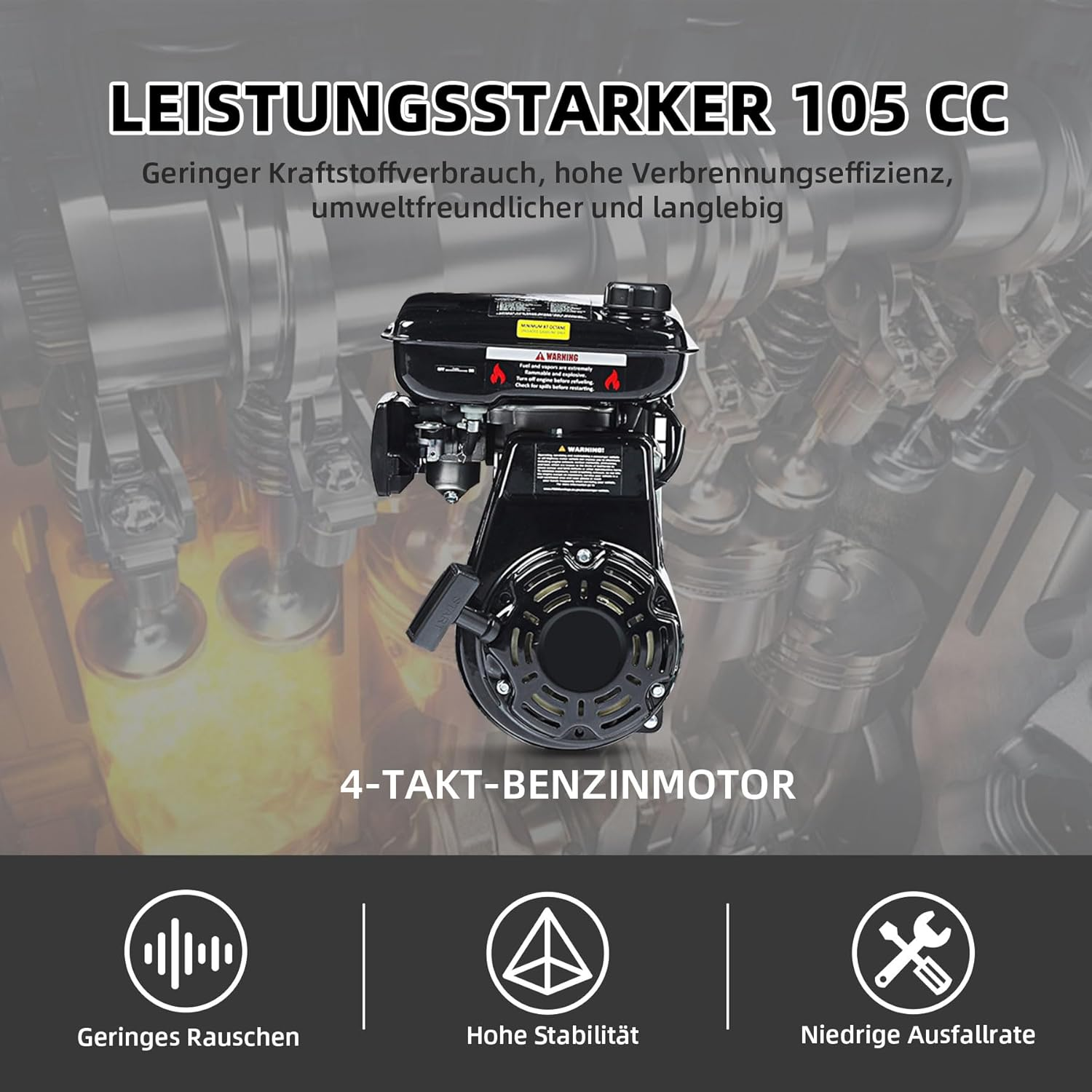 Ein schwarzer 105cc 4-Takt Benzinmotor mit Warnhinweisen.