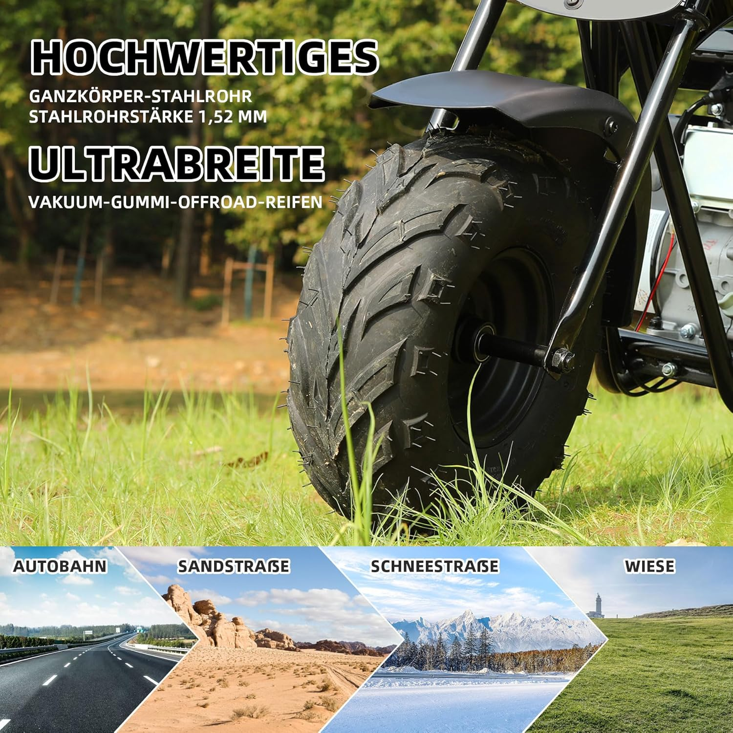 Hochwertiges Mini-Bike mit extrabreiten Reifen, gezeigt auf Gras.