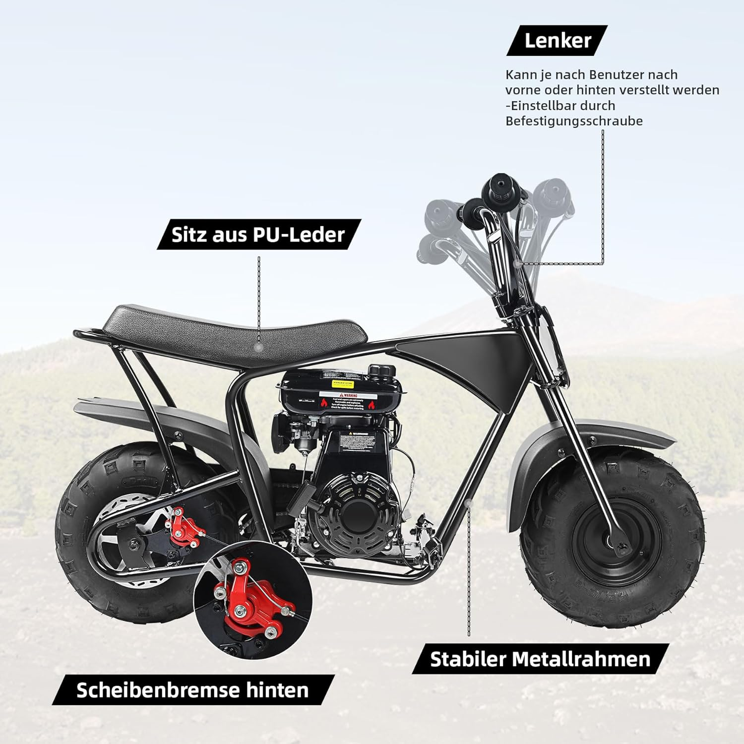 Schwarzes Mini-Bike mit PU-Ledersitz, verstellbarem Lenker und hinterer Scheibenbremse.