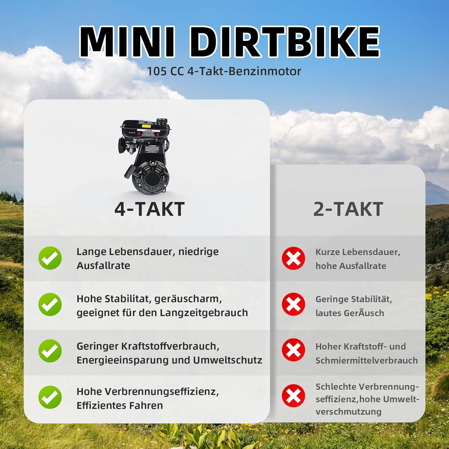 Vergleich von 4-Takt- und 2-Takt-Mini-Dirtbike-Motoren mit Vor- und Nachteilen.